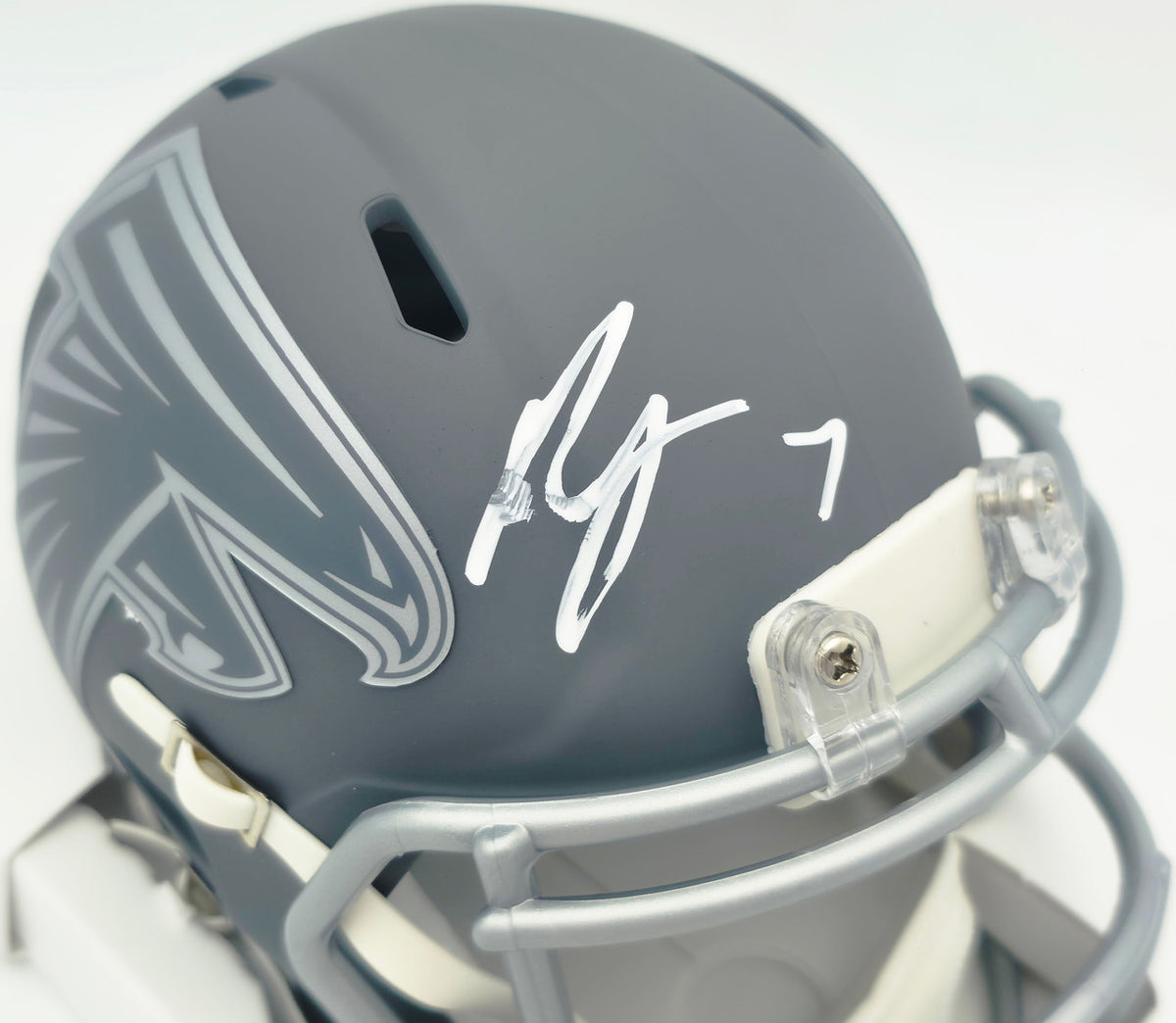 Bijan Robinson Autographed Atlanta Falcons Slate Gray Speed Mini Helmet Beckett BAS Witness #1W878917