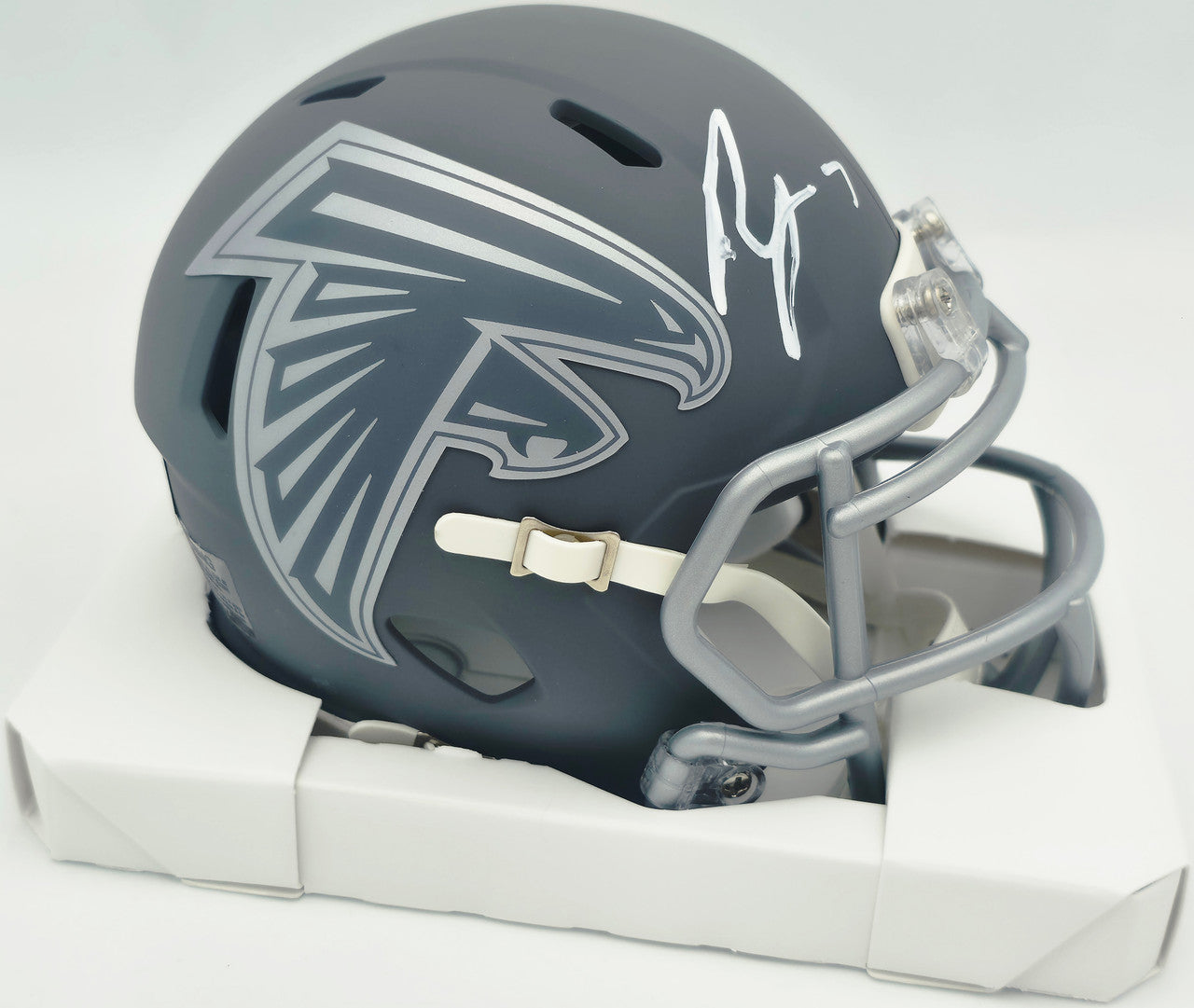 Bijan Robinson Autographed Atlanta Falcons Slate Gray Speed Mini Helmet Beckett BAS Witness #1W878902