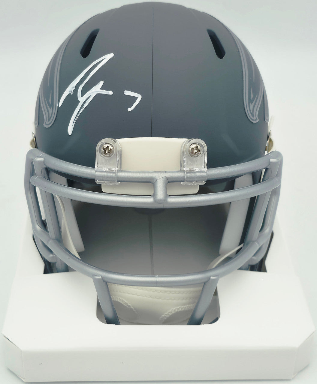 Bijan Robinson Autographed Atlanta Falcons Slate Gray Speed Mini Helmet Beckett BAS Witness #1W878902