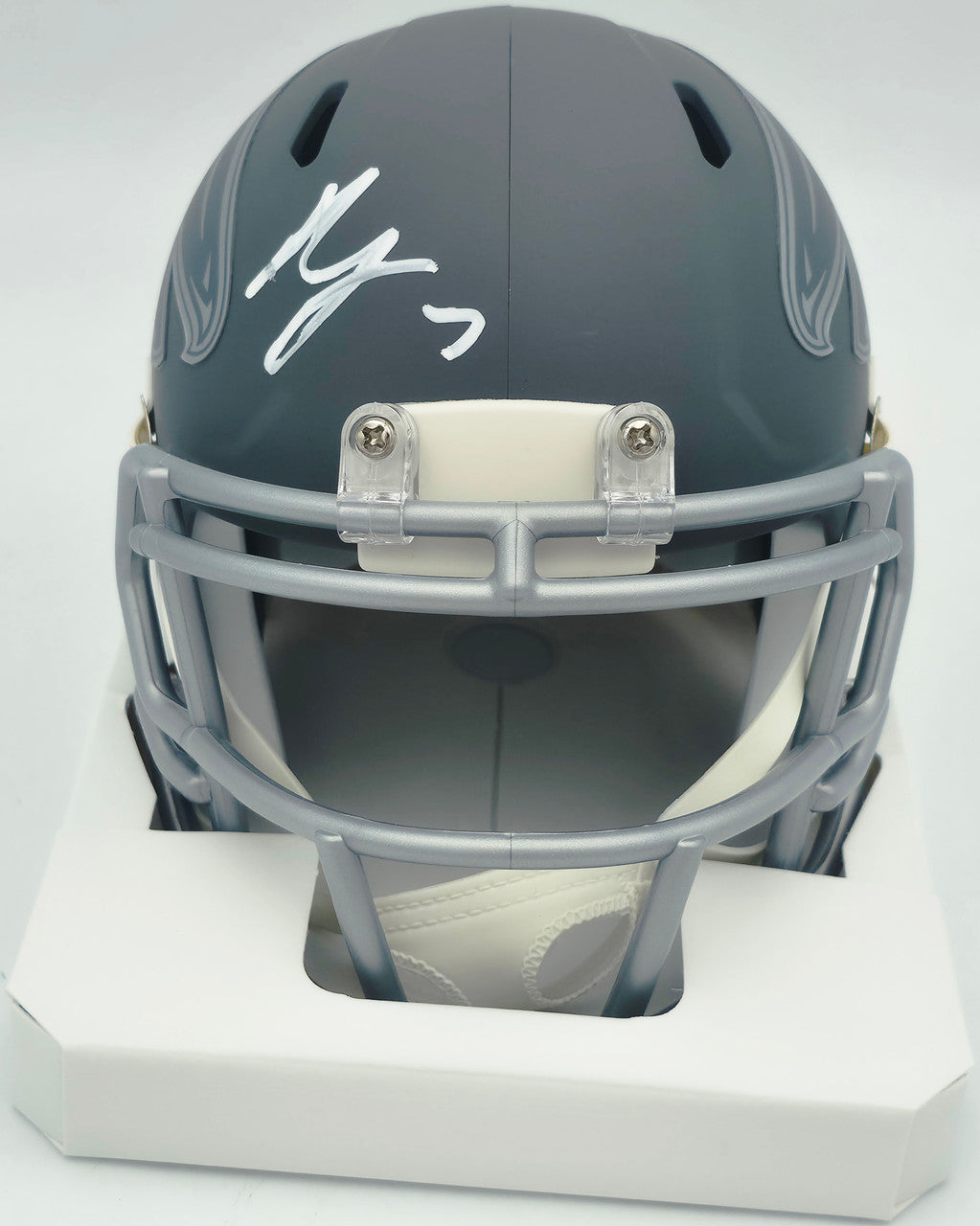 Bijan Robinson Autographed Atlanta Falcons Slate Gray Speed Mini Helmet Beckett BAS Witness #1W878899