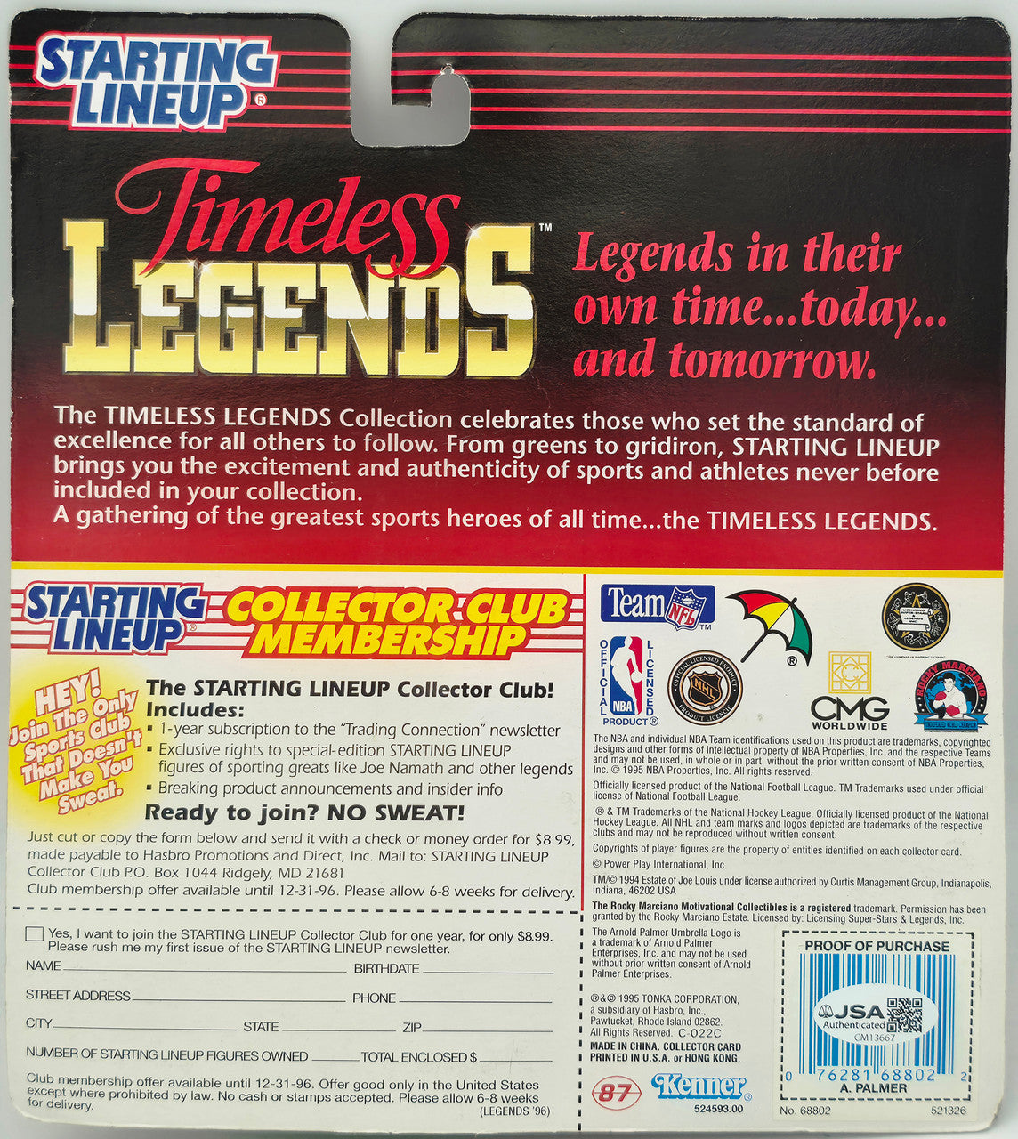 Arnold Palmer Autographed 1995 Starting Lineup Timeless Legends "Best Wishes" (Signed Twice) JSA #CM13667
