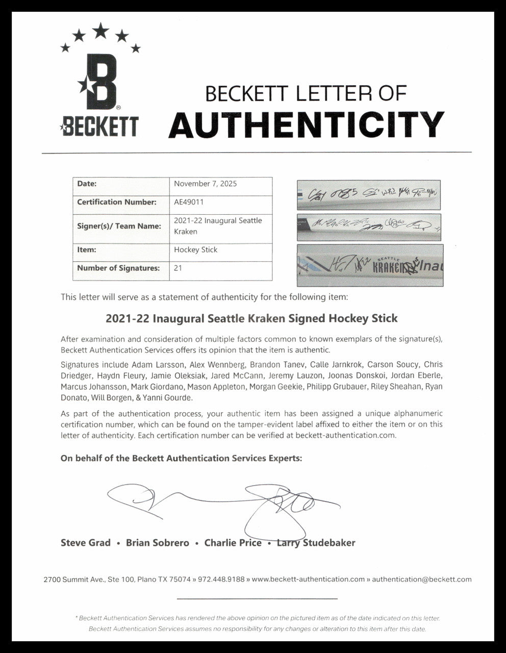 2021-22 Seattle Kraken Inaugural Team Autographed Hockey Stick With 21 Signatures Beckett BAS #AE49011