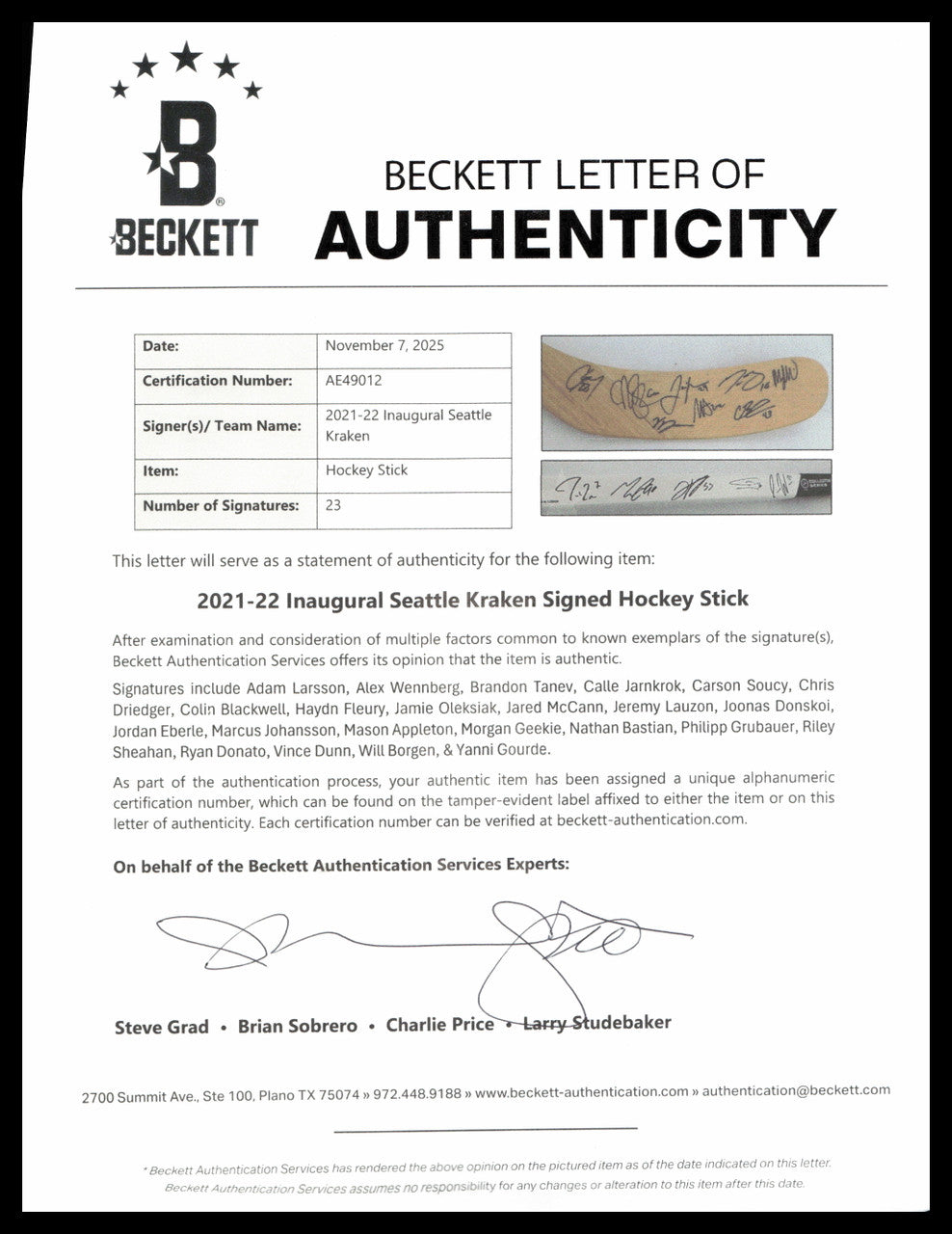 2021-22 Seattle Kraken Inaugural Team Autographed Hockey Stick With 23 Signatures Beckett BAS #AE49012