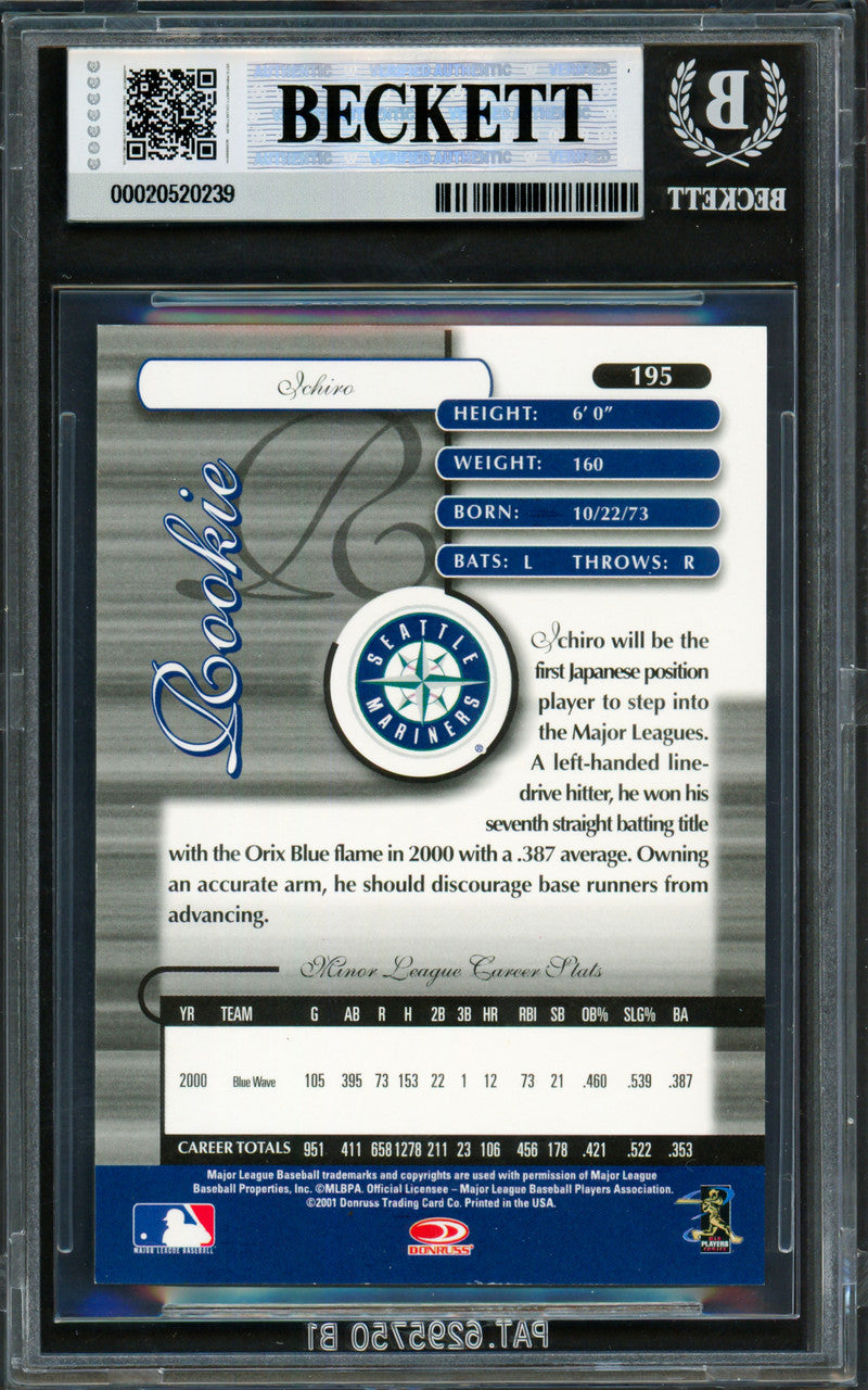 Ichiro Suzuki Autographed 2001 Donruss Elite Rookie Card #195 Seattle Mariners BGS 8.5 Auto Grade Gem Mint 10 "01 ROY/MVP" #297/1000 Beckett BAS #20520239