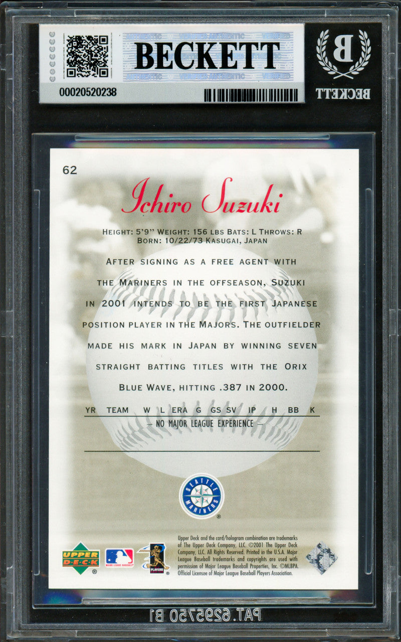 Ichiro Suzuki Autographed 2001 Upper Deck Sweet Spot Rookie Card #62 Seattle Mariners Auto Grade Gem Mint 10 (Altered) #578/1000 Beckett BAS #20520238