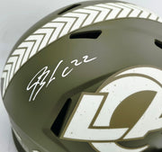 Blake Corum Autographed Los Angeles Rams Salute to Service Full Size Speed Replica Helmet Beckett BAS Witness #1W920170