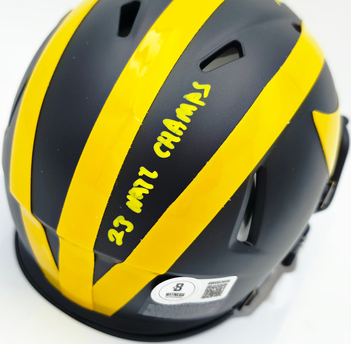 Mike Sainristil Autographed Michigan Wolverines Black Speed Mini Helmet "23 Nat'l Champs" Beckett BAS Witness #4W083686