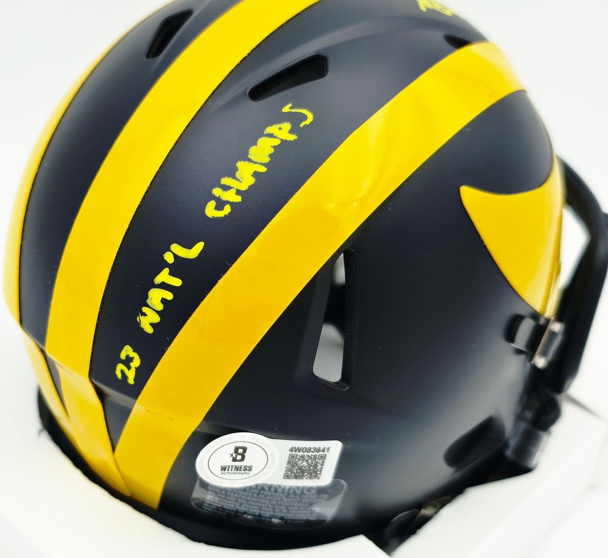 Mike Sainristil Autographed Michigan Wolverines Black Speed Mini Helmet "23 Nat'l Champs" Beckett BAS Witness #4W083641