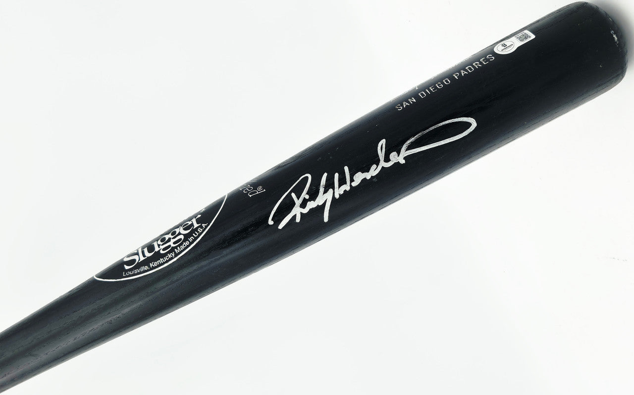 Rickey Henderson Autographed Game Issued Louisville Slugger T141 Baseball Bat San Diego Padres Beckett BAS QR #BX67569