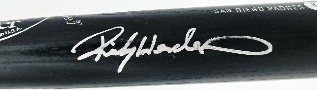 Rickey Henderson Autographed Game Issued Louisville Slugger T141 Baseball Bat San Diego Padres Beckett BAS QR #BX67569