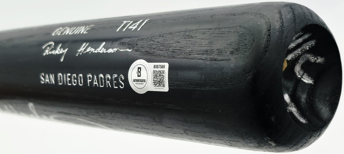 Rickey Henderson Autographed Game Issued Louisville Slugger T141 Baseball Bat San Diego Padres Beckett BAS QR #BX67569