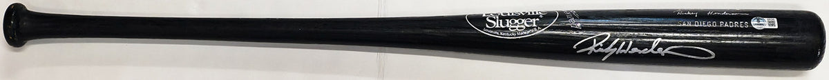 Rickey Henderson Autographed Game Issued Louisville Slugger T141 Baseball Bat San Diego Padres Beckett BAS QR #BX67569