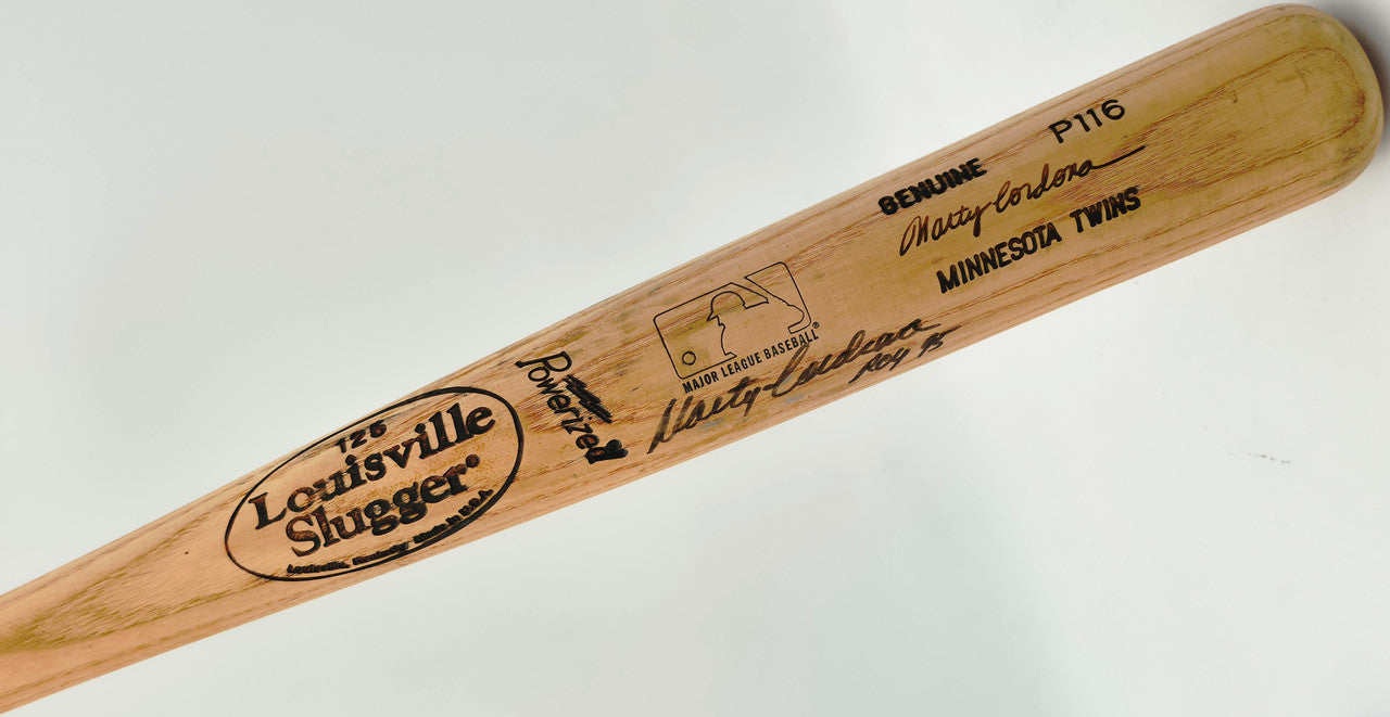 Marty Cordova Autographed Blonde Louisville Slugger P116 Game Issued Baseball Bat Minnesota Twins "ROY 95" SKU #267232