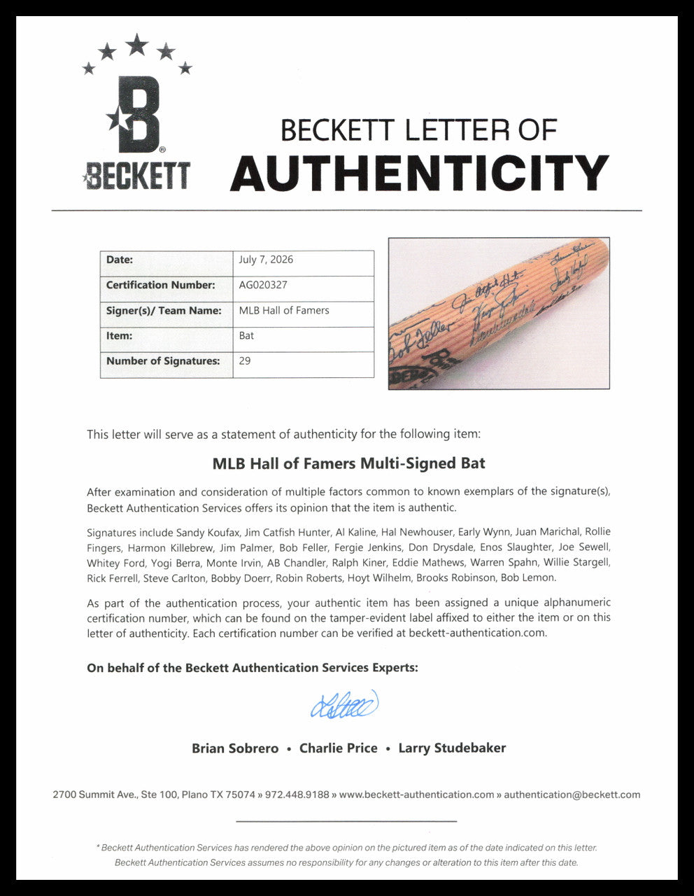 MLB Hall of Famers Autographed Bill Terry Louisville Slugger Baseball Bat With 29 Signatures Including Sandy Koufax Beckett BAS #AG020327
