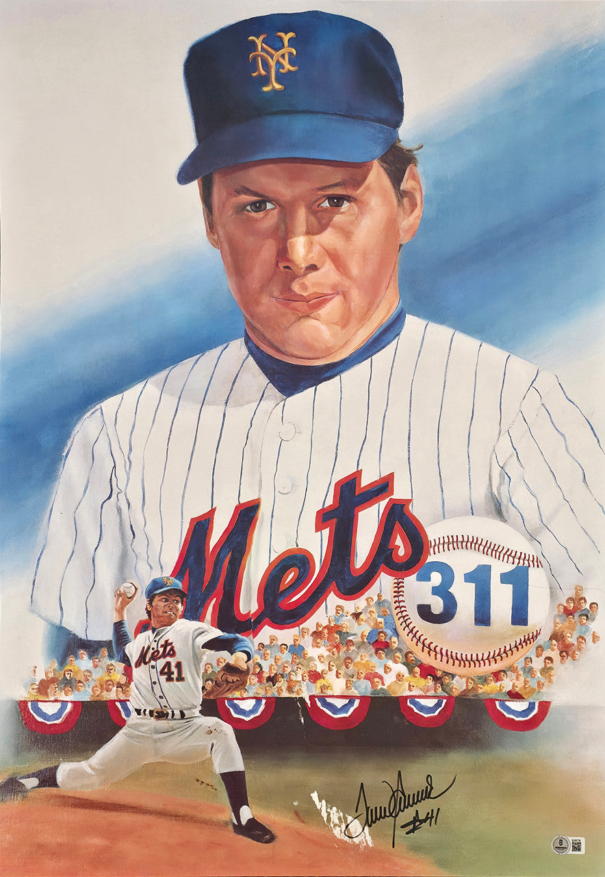 Tom Seaver Autographed 19x26 Lithograph New York Mets (Damaged) Beckett BAS QR #BU86707