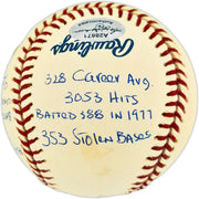 Rod Carew Autographed Official MLB Baseball Minnesota Twins, Los Angeles Angels With 18 Stats Beckett BAS QR #BX67636