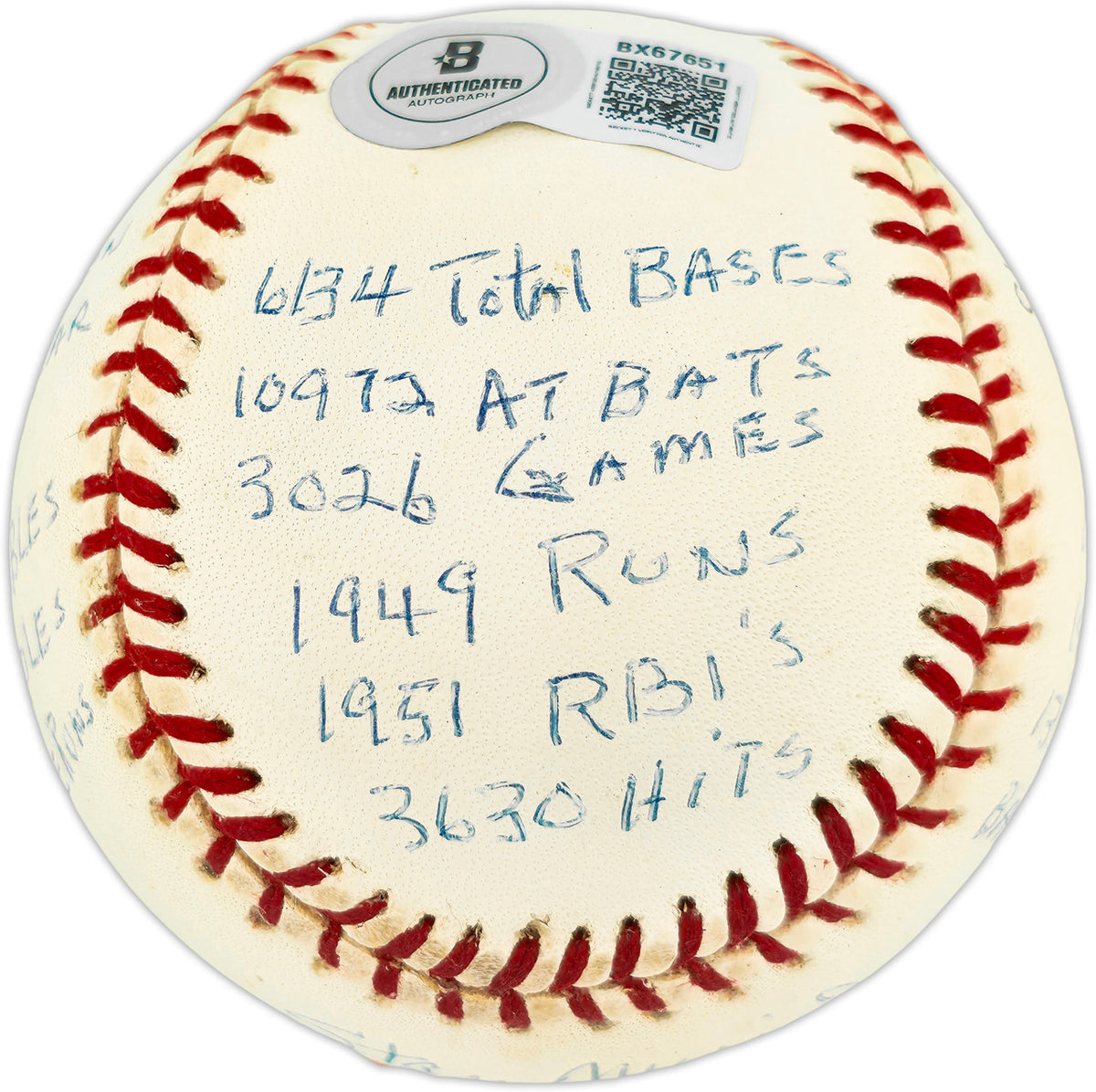 Stan Musial Autographed Official NL Baseball St. Louis Cardinals With 20 Stats Beckett BAS QR #BX67651