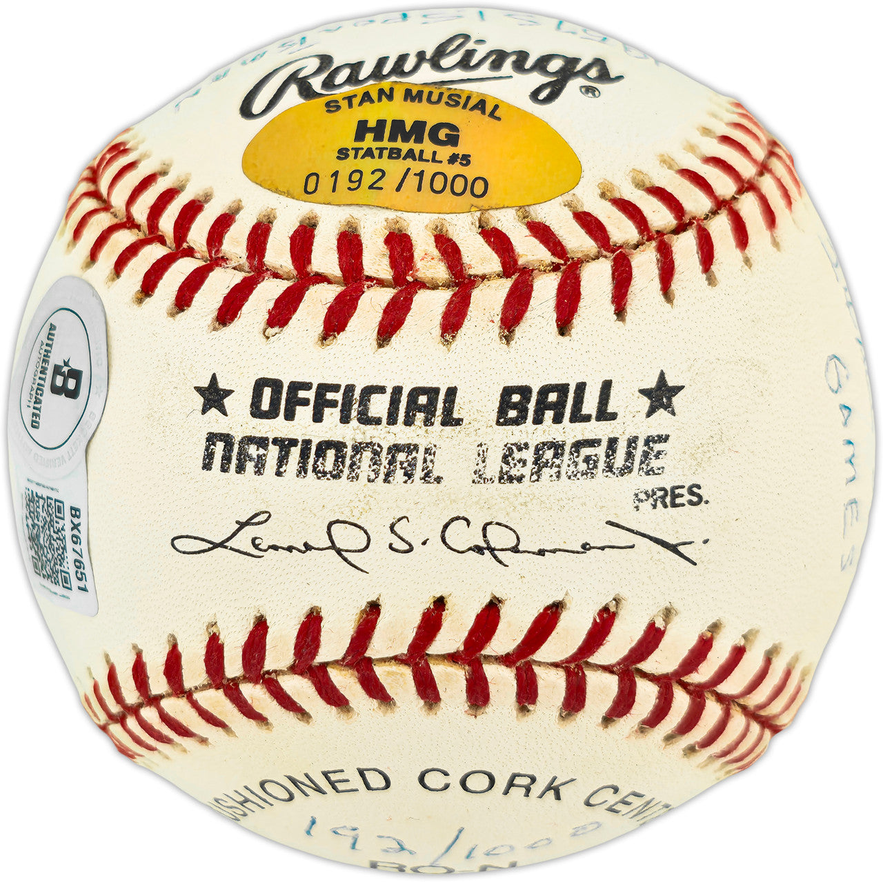 Stan Musial Autographed Official NL Baseball St. Louis Cardinals With 20 Stats Beckett BAS QR #BX67651