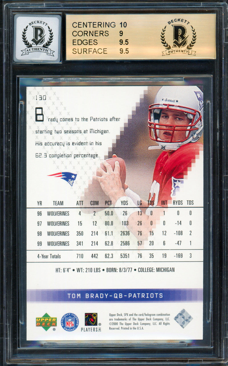 Tom Brady Autographed 2000 Upper Deck SPx Rookie Card #130 New England Patriots BGS 9.5 Auto Grade Gem Mint 10 #626/1350 Beckett BAS Witness #12973213