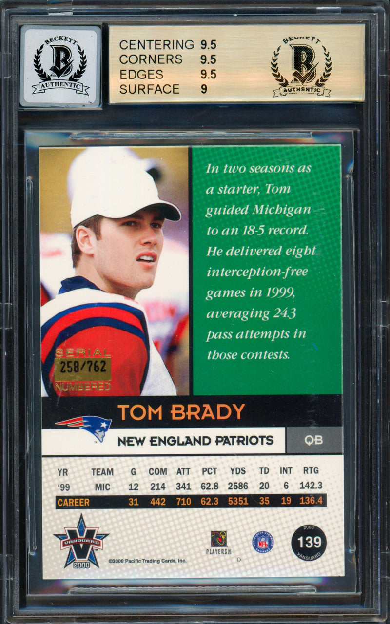 Tom Brady Autographed 2000 Pacific Vanguard Rookie Card #139 New England Patriots BGS 9.5 Auto Grade Gem Mint 10 #258/762 Beckett BAS #13060342