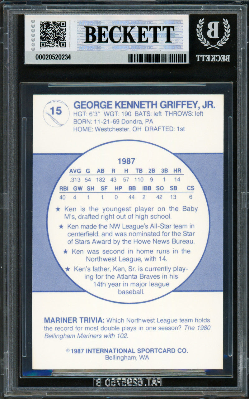 Ken Griffey Jr. Autographed 1987 Bellingham Rookie Card #15 Seattle Mariners BGS 9 Auto Grade Gem Mint 10 Beckett BAS #20520234