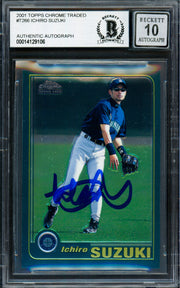 Ichiro Suzuki Autographed 2001 Topps Chrome Traded Rookie Card #T266 Seattle Mariners Auto Grade Gem Mint 10 Beckett BAS #14129106