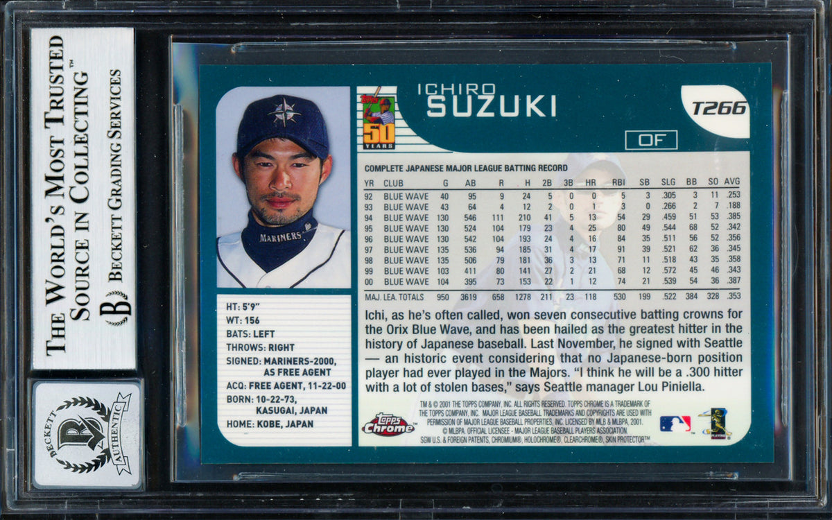 Ichiro Suzuki Autographed 2001 Topps Chrome Traded Rookie Card #T266 Seattle Mariners Auto Grade Gem Mint 10 Beckett BAS #14129106