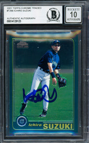 Ichiro Suzuki Autographed 2001 Topps Chrome Traded Rookie Card #T266 Seattle Mariners Auto Grade Gem Mint 10 Beckett BAS #14129123