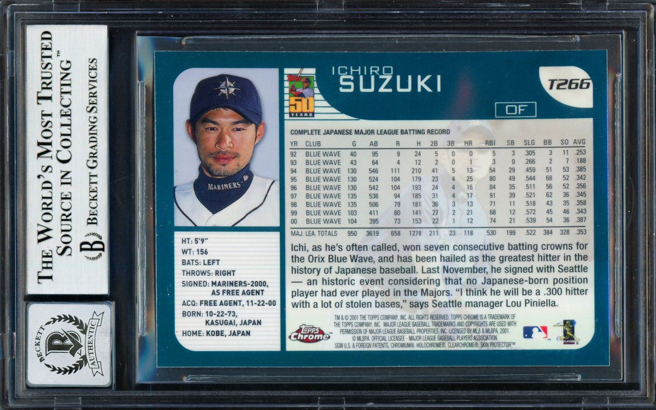 Ichiro Suzuki Autographed 2001 Topps Chrome Traded Rookie Card #T266 Seattle Mariners Auto Grade Gem Mint 10 Beckett BAS #14129123