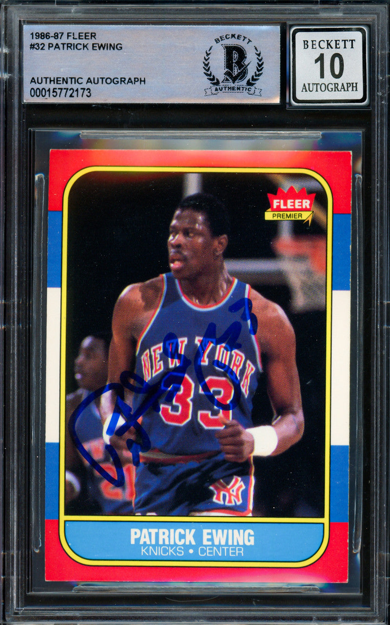 Patrick Ewing Autographed 1986-87 Fleer Rookie Card #32 New York Knicks Auto Grade Gem Mint 10 Beckett BAS #15772173