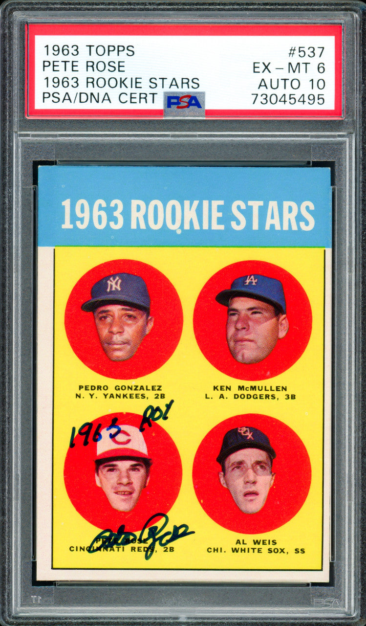 Pete Rose Autographed 1963 Topps Rookie Card #537 Cincinnati Reds PSA 6 Auto Grade Gem Mint 10 "1963 ROY" PSA/DNA #73045495