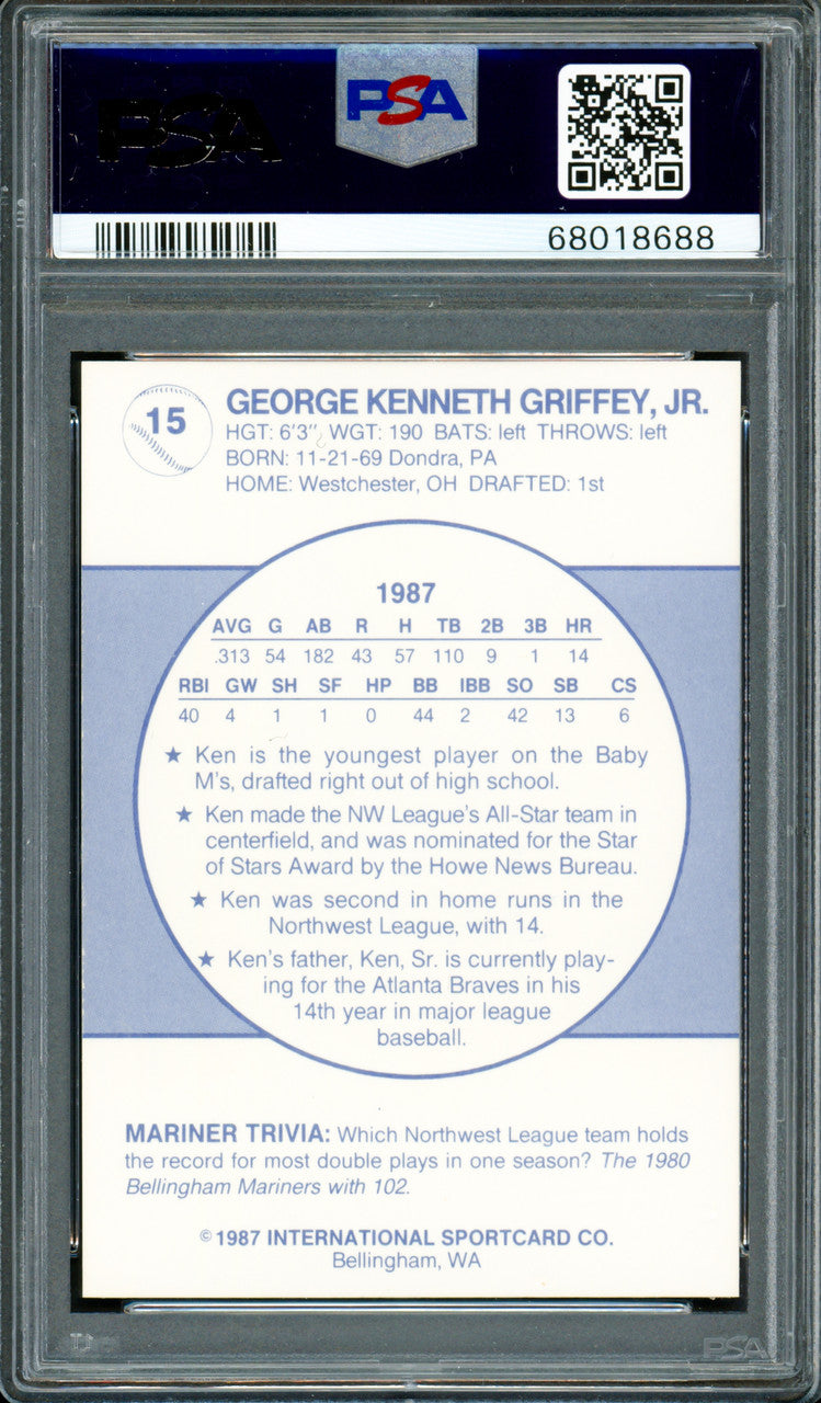 Ken Griffey Jr. Autographed 1987 Bellingham Rookie Card #15 Seattle Mariners PSA 9 Auto Grade Gem Mint 10 "87 #1 Pick" PSA/DNA #68018688