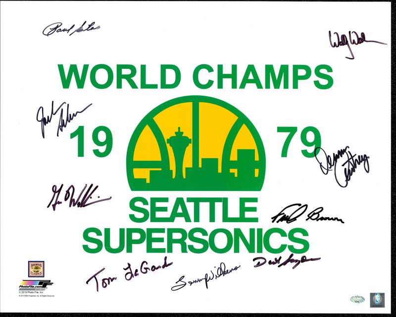 1978-79 NBA Champions Seattle Supersonics Multi Signed Autographed 16x20 Photo With 9 Signatures Including Fred Brown & Lenny Wilkens (Smudged) MCS Holo #70135