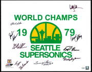 1978-79 NBA Champions Seattle Supersonics Multi Signed Autographed 16x20 Photo With 9 Signatures Including Fred Brown & Lenny Wilkens (Smudged) MCS Holo #70117