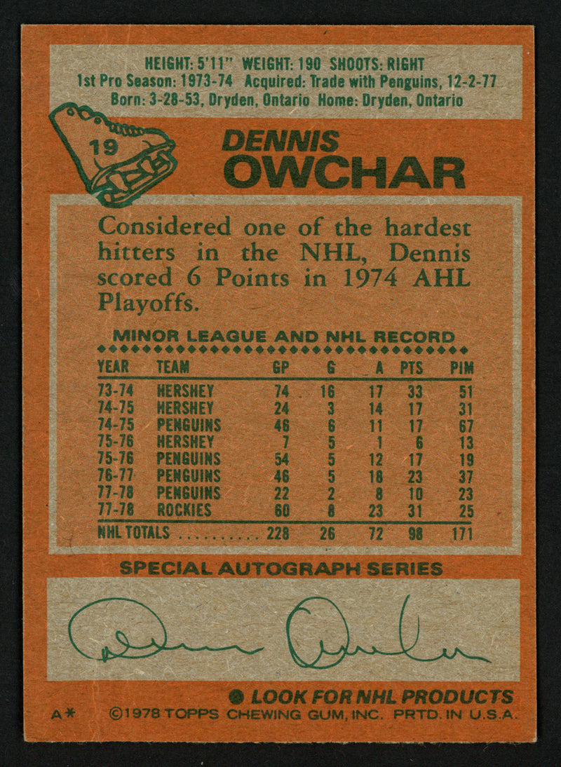 Dennis Owchar Autographed 1978-79 Topps Card #19 Colorado Rockies SKU #153511