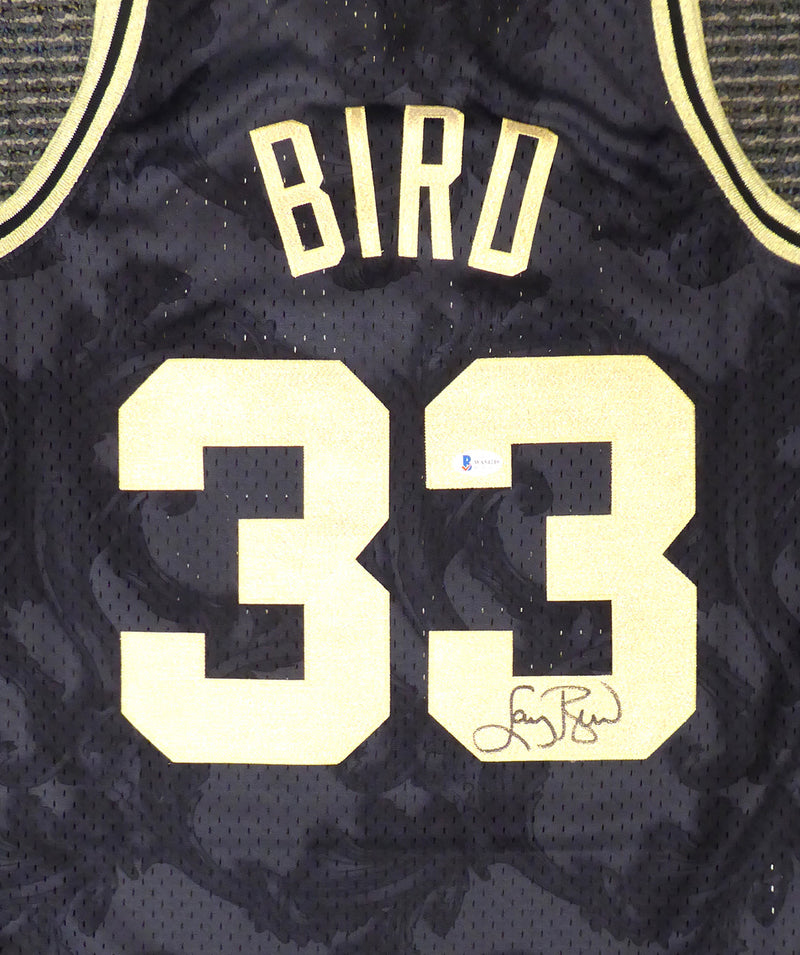 Boston Celtics Larry Bird Autographed Black Mitchell & Ness Gold Toile Swingman Jersey Size M Beckett BAS Stock #177714