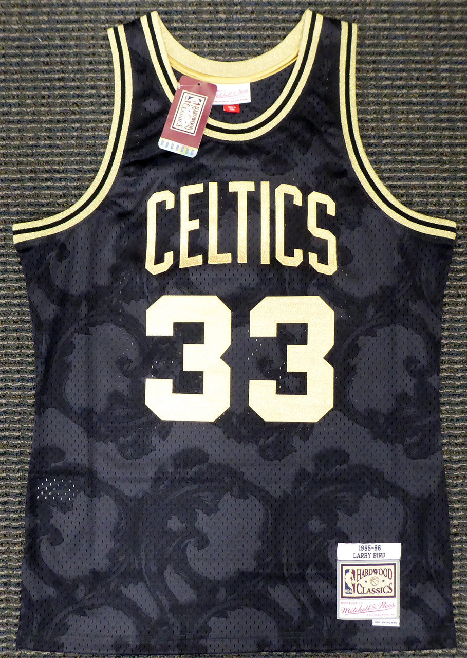 Boston Celtics Larry Bird Autographed Black Mitchell & Ness Gold Toile Swingman Jersey Size M Beckett BAS Stock #177714