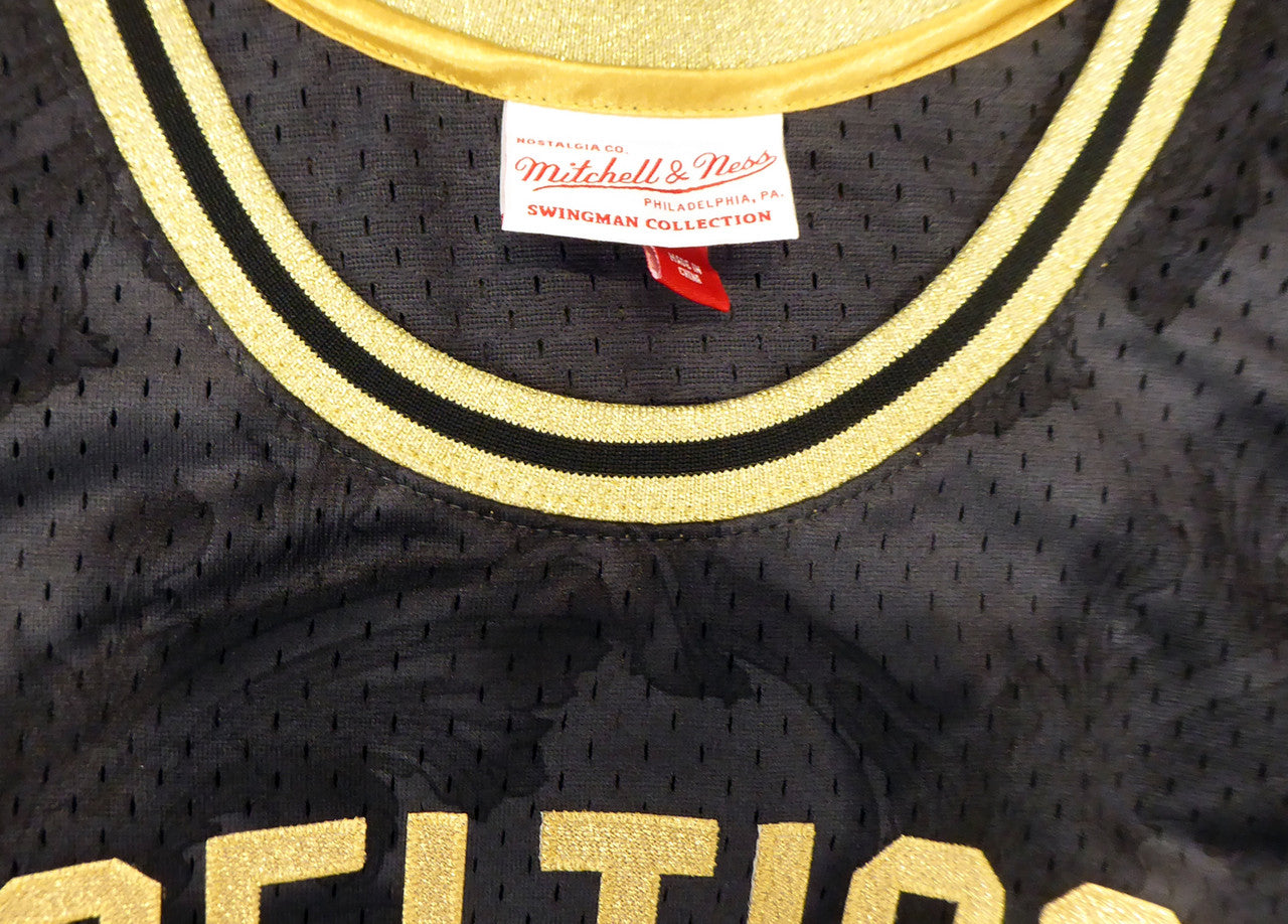 Boston Celtics Larry Bird Autographed Black Mitchell & Ness Gold Toile Swingman Jersey Size XL Beckett BAS Stock #177716
