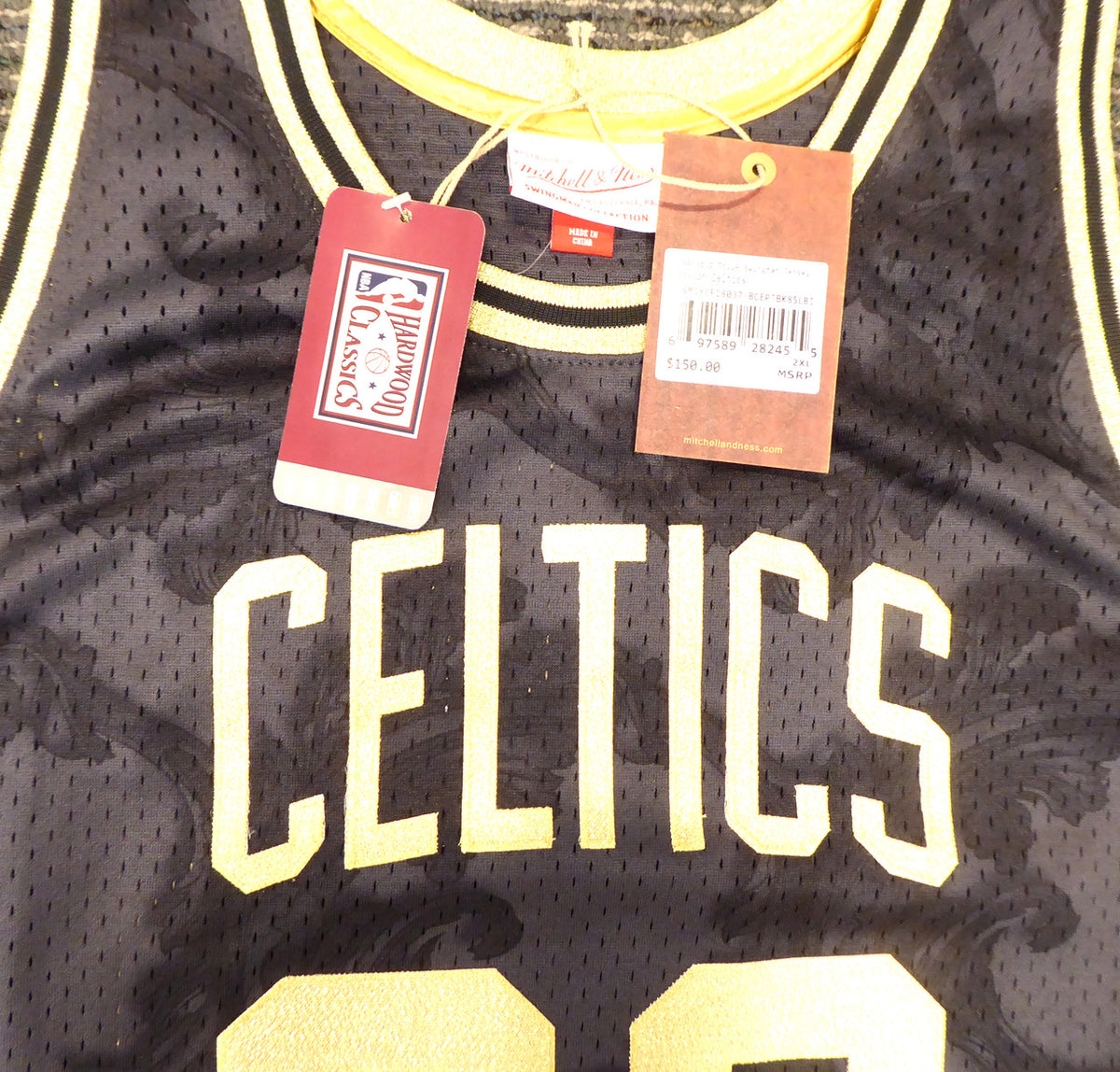 Boston Celtics Larry Bird Autographed Black Mitchell & Ness Gold Toile Swingman Jersey Size XXL Beckett BAS Stock #177717