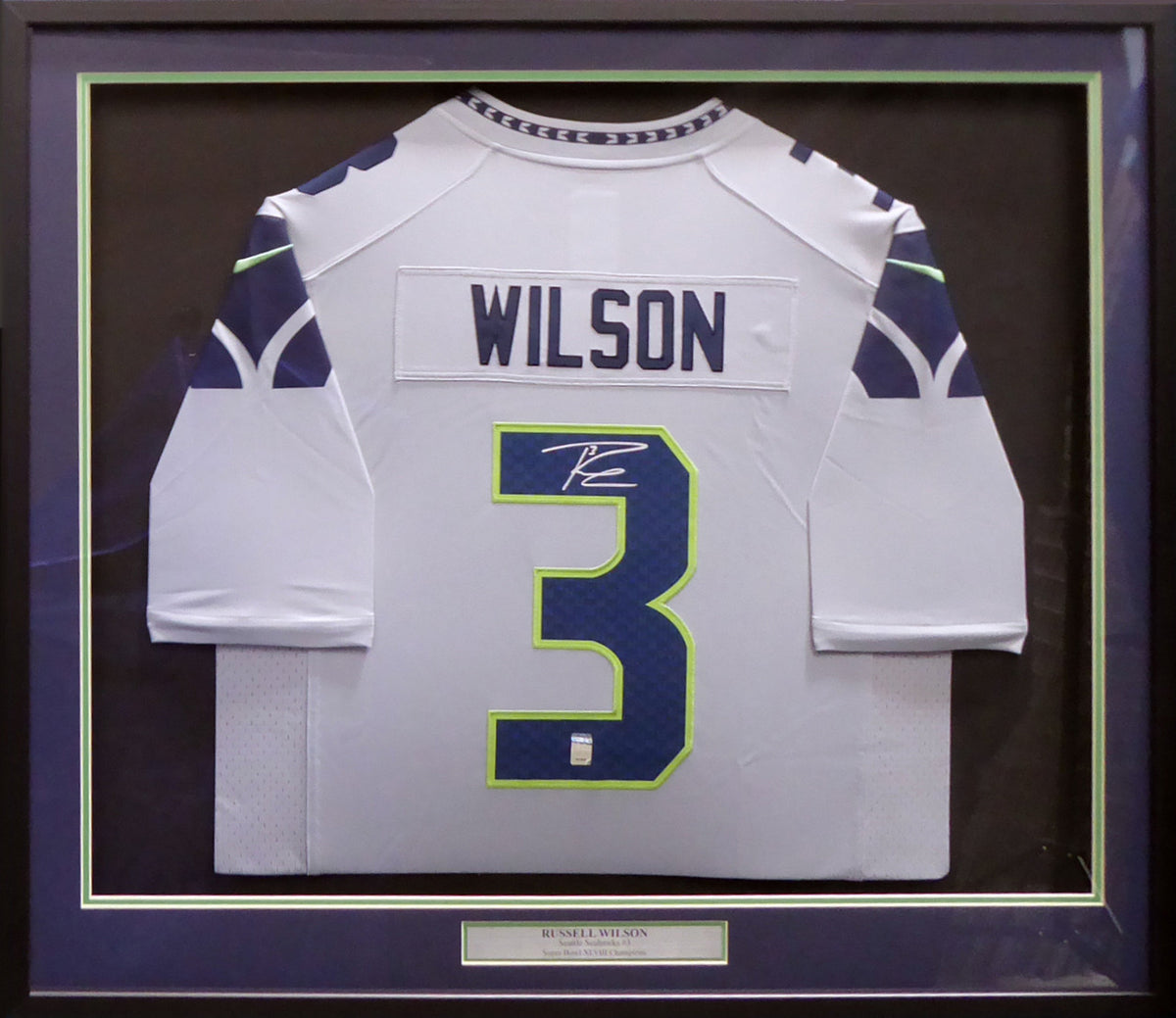Seattle Seahawks Russell Wilson Autographed Framed Gray Nike Twill Jersey RW Holo Stock #185069