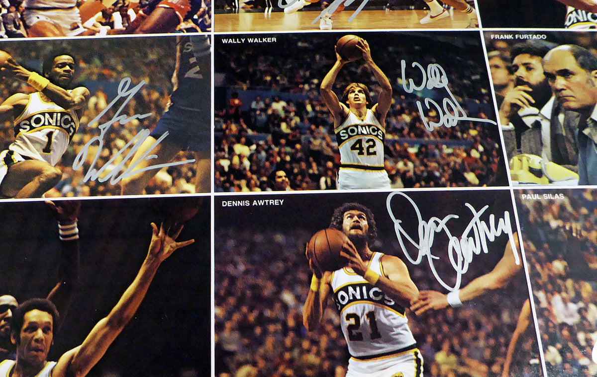 1978-79 NBA Champions Seattle Supersonics Autographed 17x22 Poster Photo With 9 Total Signatures Including Fred Brown & Lenny Wilkens MCS Holo #51053