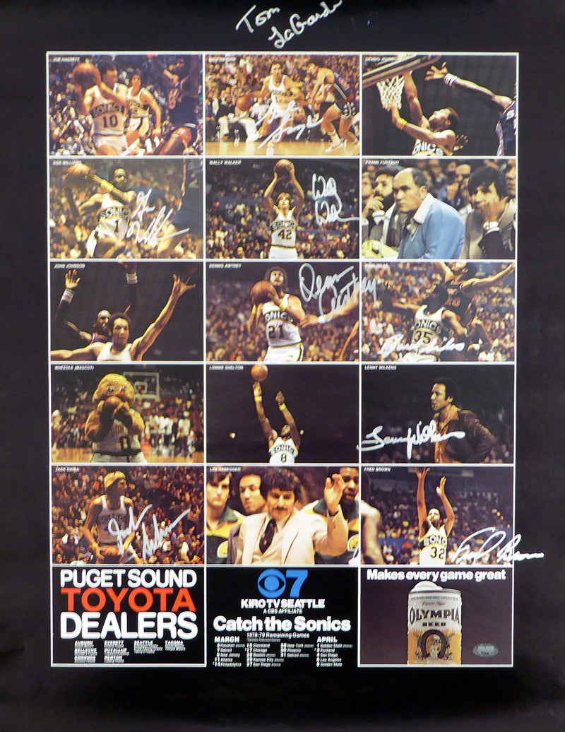 1978-79 NBA Champions Seattle Supersonics Autographed 17x22 Poster Photo With 9 Total Signatures Including Fred Brown & Lenny Wilkens MCS Holo #51045