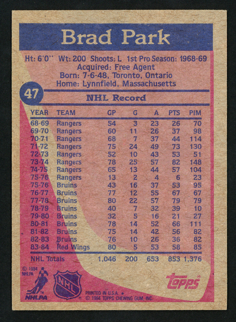 Brad Park Autographed 1984-85 Topps Card #47 Detroit Red Wings SKU #152060