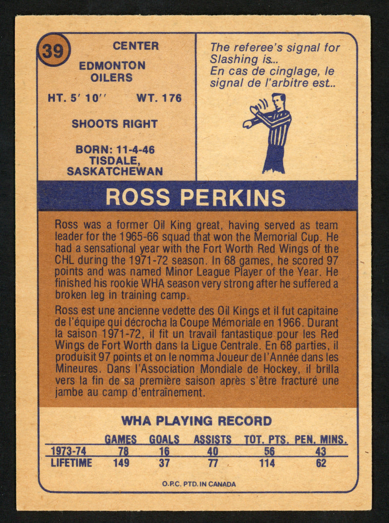 Ross Perkins Autographed 1974-75 WHA O-Pee-Chee Card #39 Edmonton Oilers "To John" SKU #151914