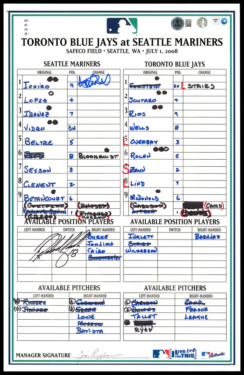 Ichiro Suzuki Autographed 2008 Game Used Line-Up Card Seattle Mariners IS Holo & Beckett BAS Witness #1W835812