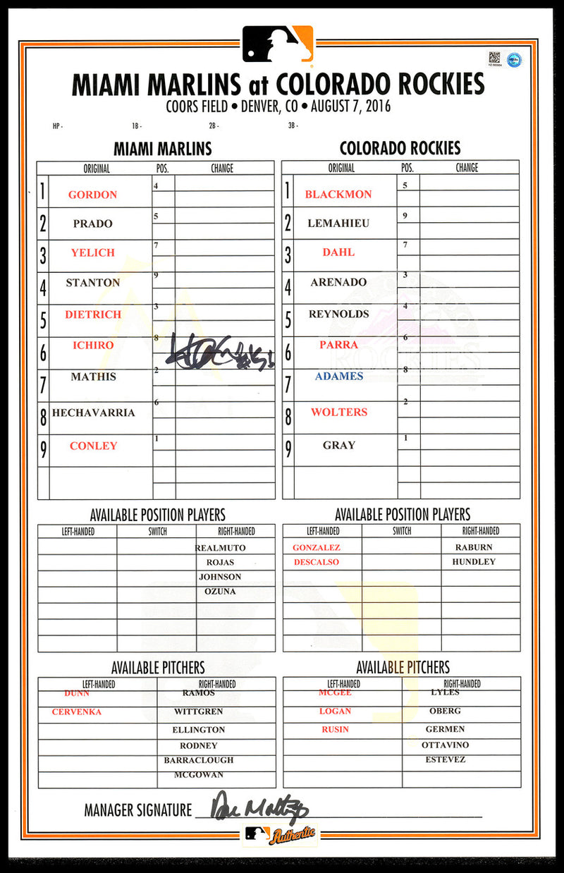 Ichiro Suzuki & Don Mattingly Autographed 2016 Game Used 3,000 Hit Line-up Card Miami Marlins IS Holo & MLB Holo #HZ660984