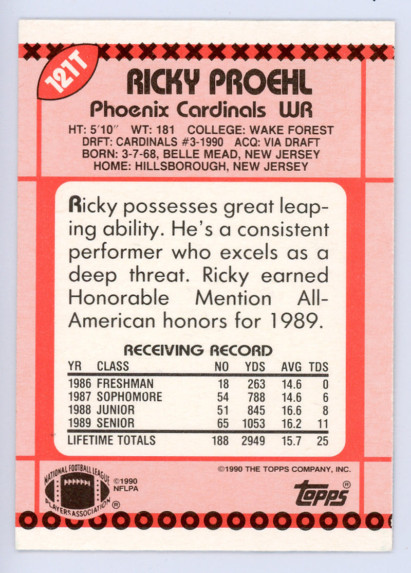 Ricky Proehl Autographed 1990 Topps Traded Card #121T Phoenix Cardinals SKU #134724