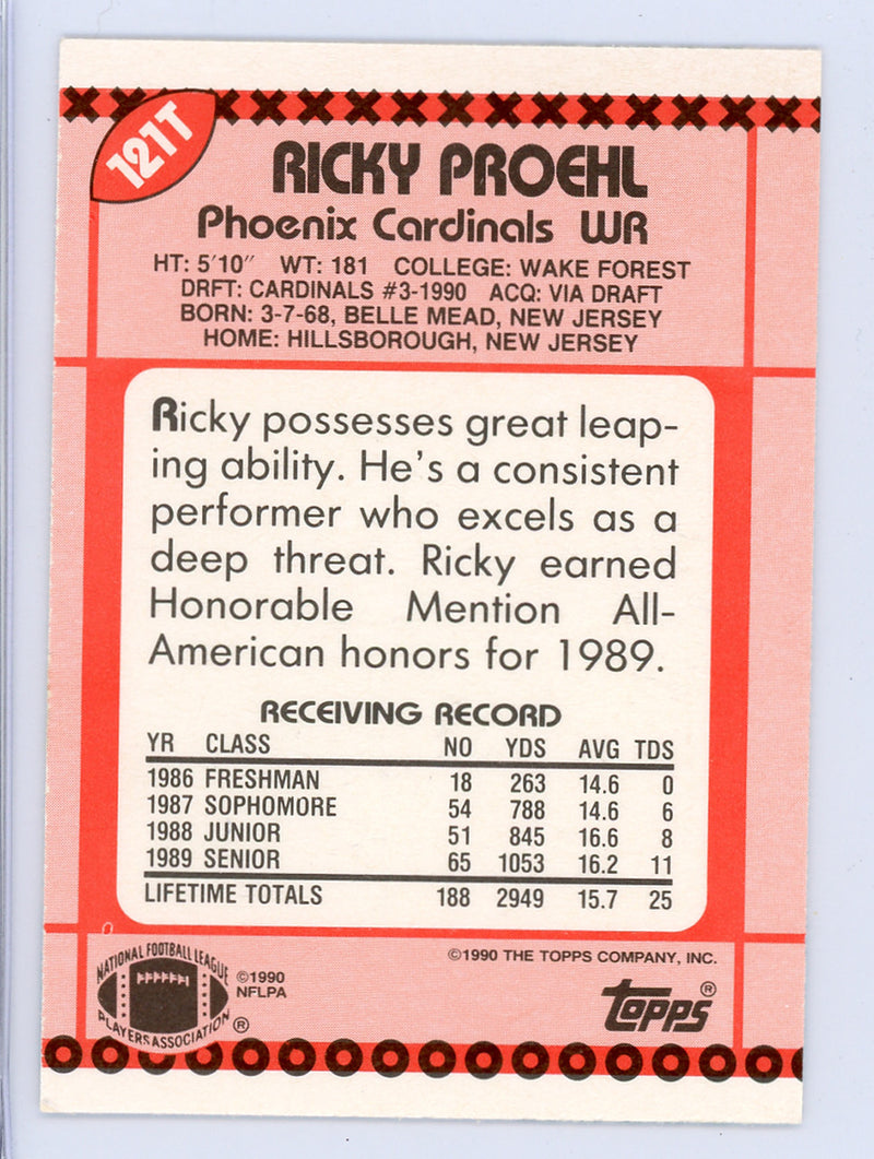 Ricky Proehl Autographed 1990 Topps Traded Card #121T Phoenix Cardinals SKU #134723