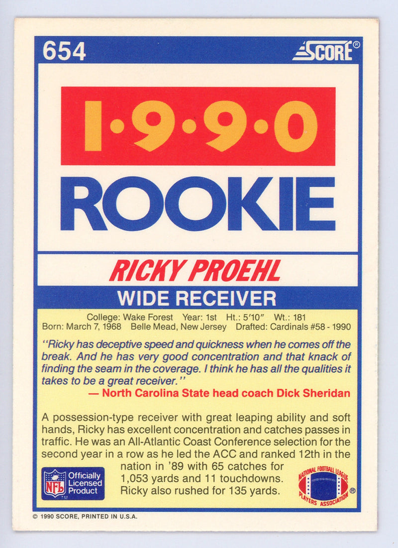 Ricky Proehl Autographed 1990 Score Card #654 Phoenix Cardinals SKU #134718