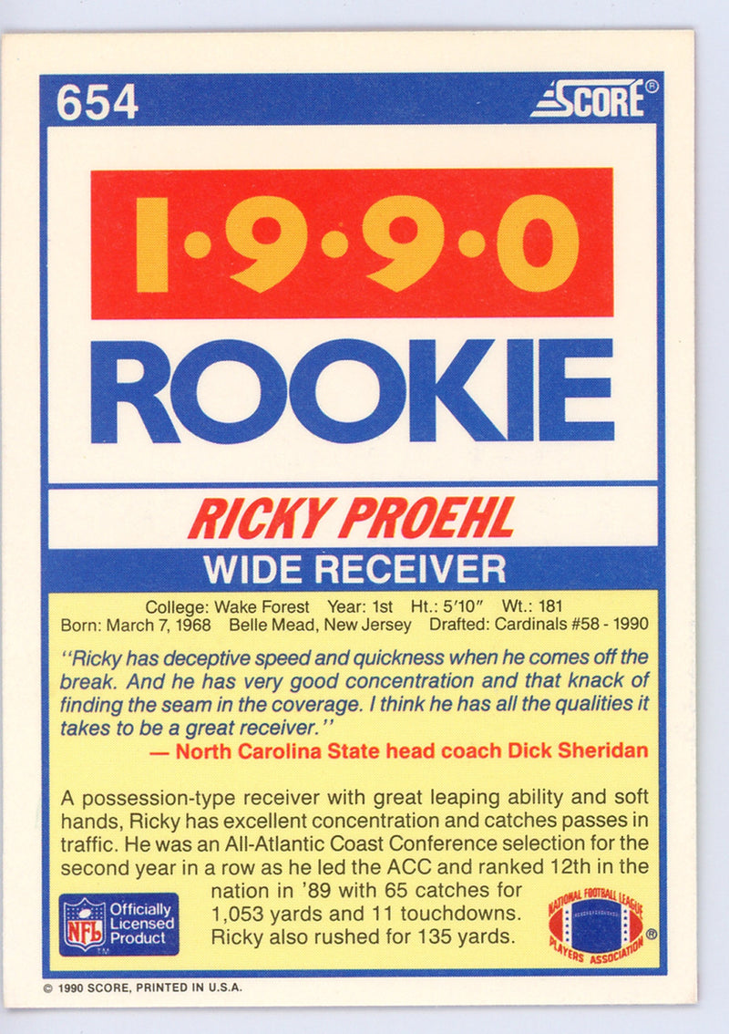 Ricky Proehl Autographed 1990 Score Card #654 Phoenix Cardinals SKU #134720